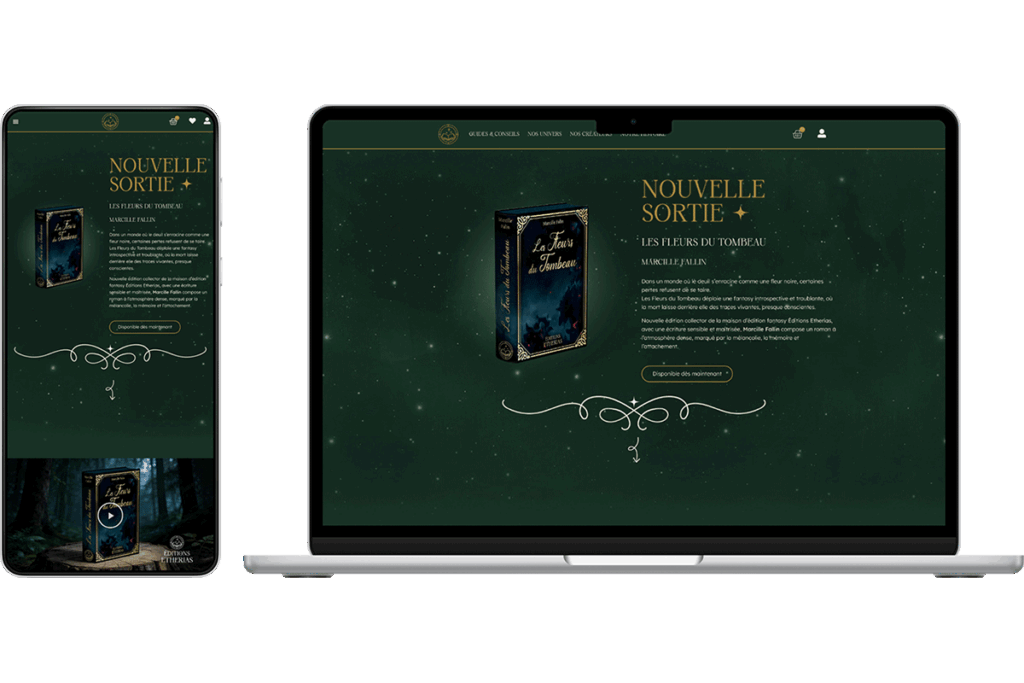 Mockup version mobile et desktop du site web Éditions Etherias de Audrey Boussarie, designer ui